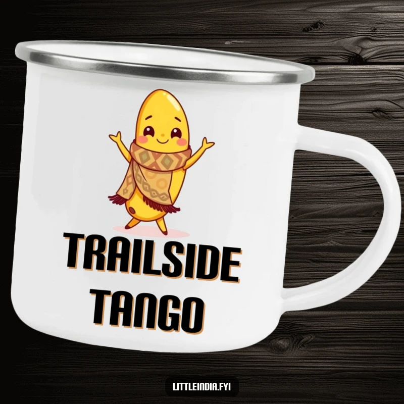 Funny camping mug with a banana in a scarf, dancing flamenco, bringing tropical vibes to the great outdoors.