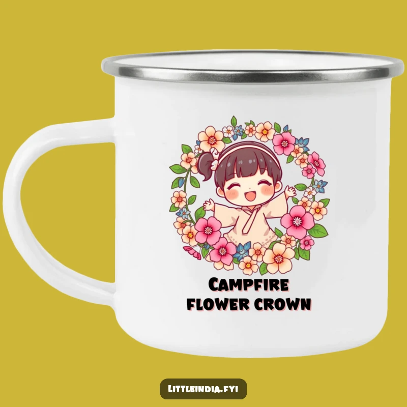 Funny Joyful Character Flower Garland Camping Mug: Nature's Brew Companion!