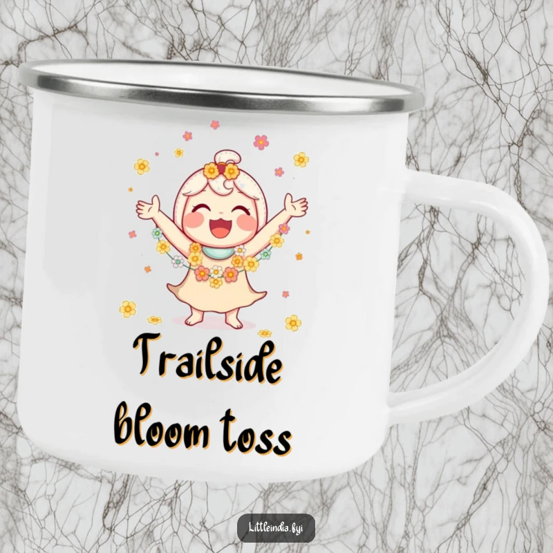 Funny camping mug showing a jubilant character juggling flower garlands with a big smile, ready for adventure.