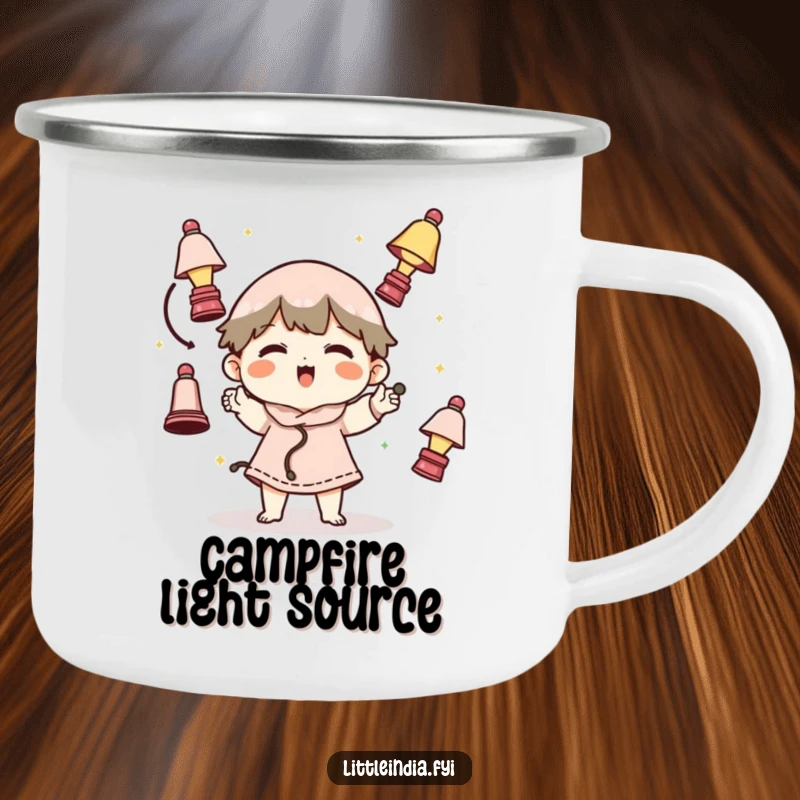 Funny camping mug featuring a character juggling miniature lamps, ideal for outdoor enthusiasts with a sense of humor.