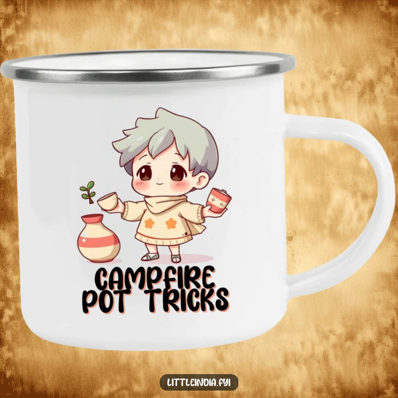 Funny Camping Mug: A curious character juggling small, decorative pottery pieces, perfect for outdoor adventures.