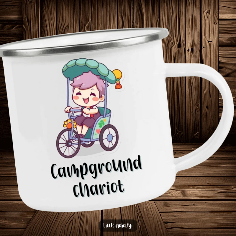 Funny camping mug depicting a character with a playful grin riding a decorated rickshaw, ready for outdoor fun.
