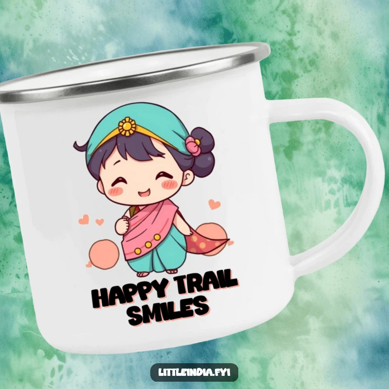 Funny Camping Mug featuring a cute character in a tiny sari happily exchanging smiles, ready for adventures, a durable funny gift.