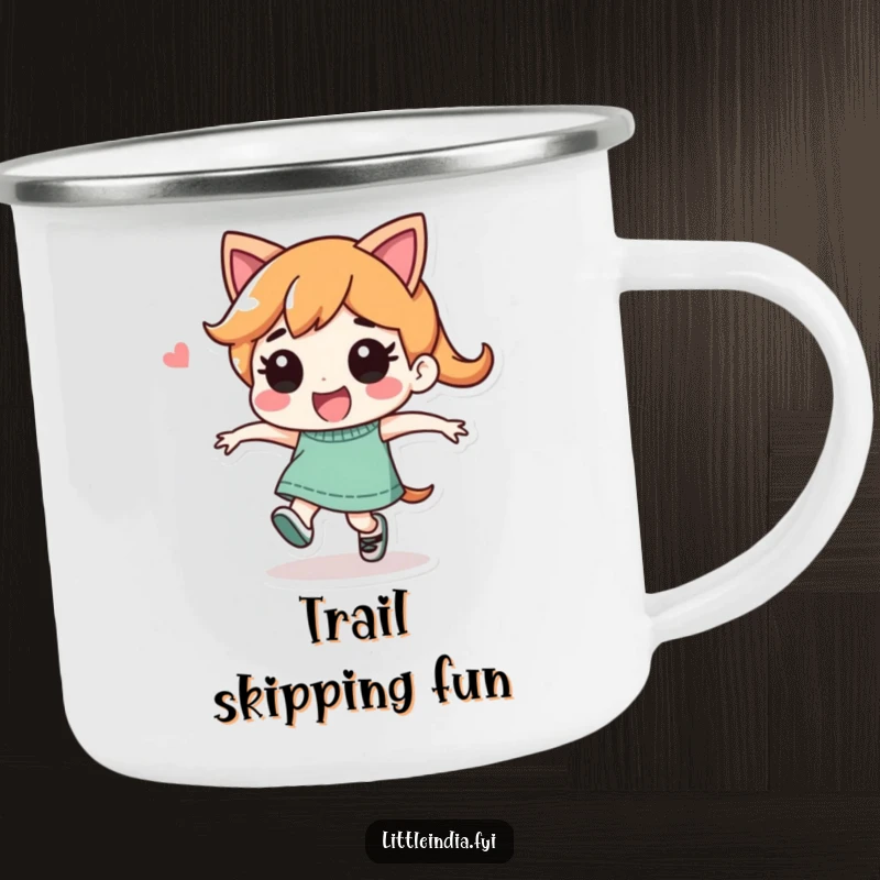 Funny Camping Mug: Playful character performing a joyful, energetic skip, perfect for enjoying drinks outdoors.