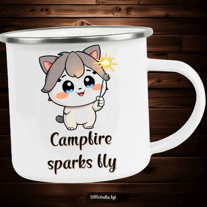 Funny Camping Mug: A happy character with sparkling eyes holds a playful sparkler, perfect for outdoor festivities.
