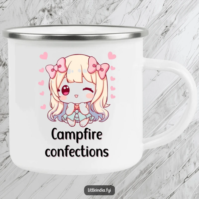 Funny camping mug with a character offering sweets, ideal for sharing and enjoying treats outdoors with a kind gesture.