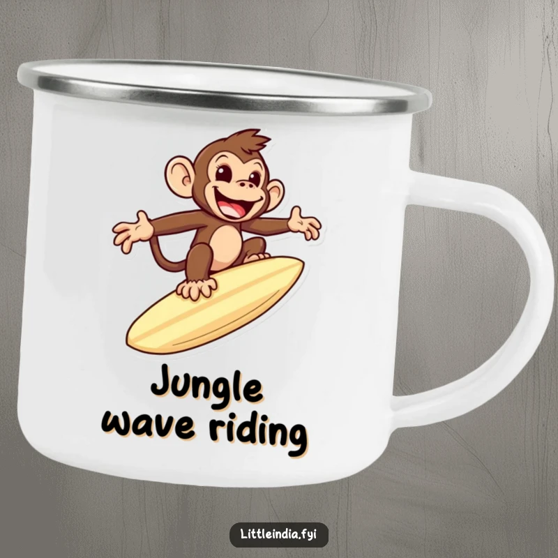 Funny enamel camping mug with a mischievous monkey riding a giant roti like a surfboard, perfect for outdoor use.