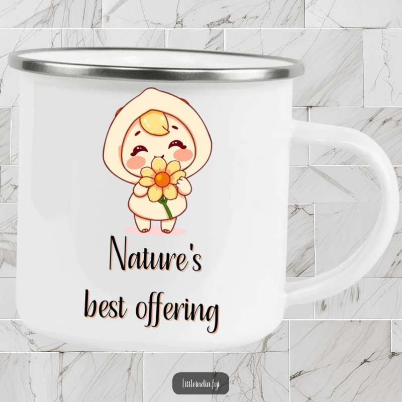 Funny camping mug with a happy character joyfully offering a fragrant flower, perfect for outdoor cheer.