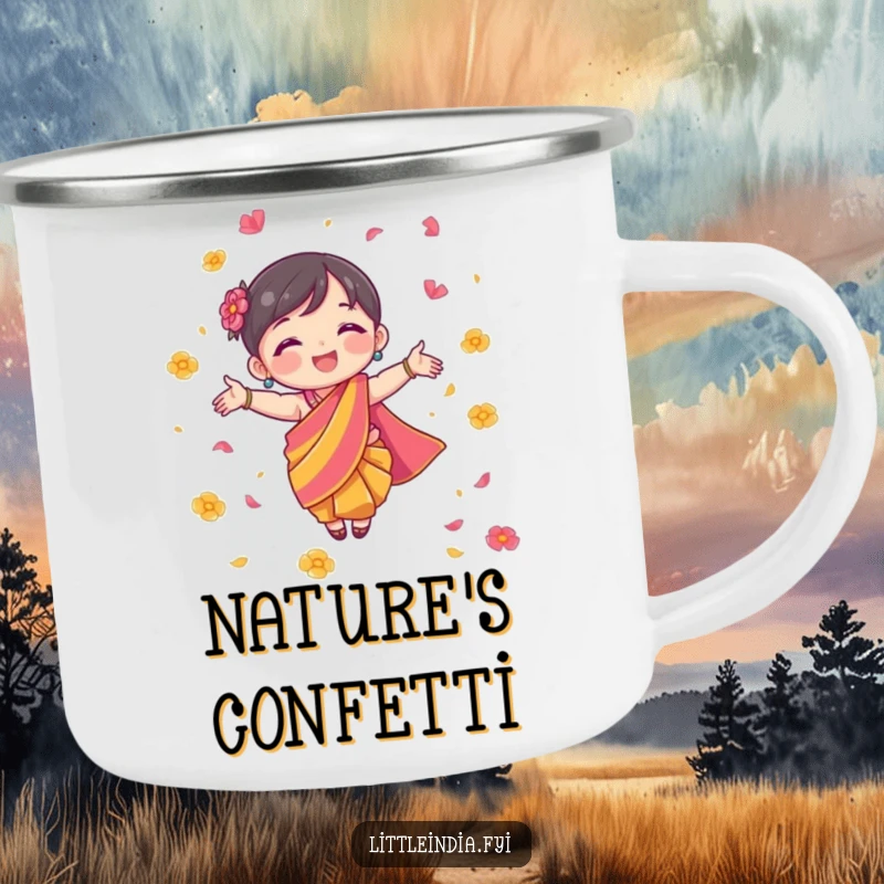 Funny Camping Mug showing a character in a colorful sari joyfully scattering flower petals, ideal for outdoor fun.