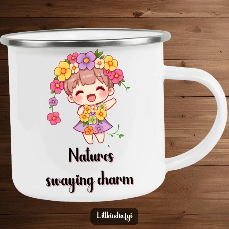 Funny camping mug featuring a character with a vibrant flower garland, gently swaying, perfect for nature lovers.