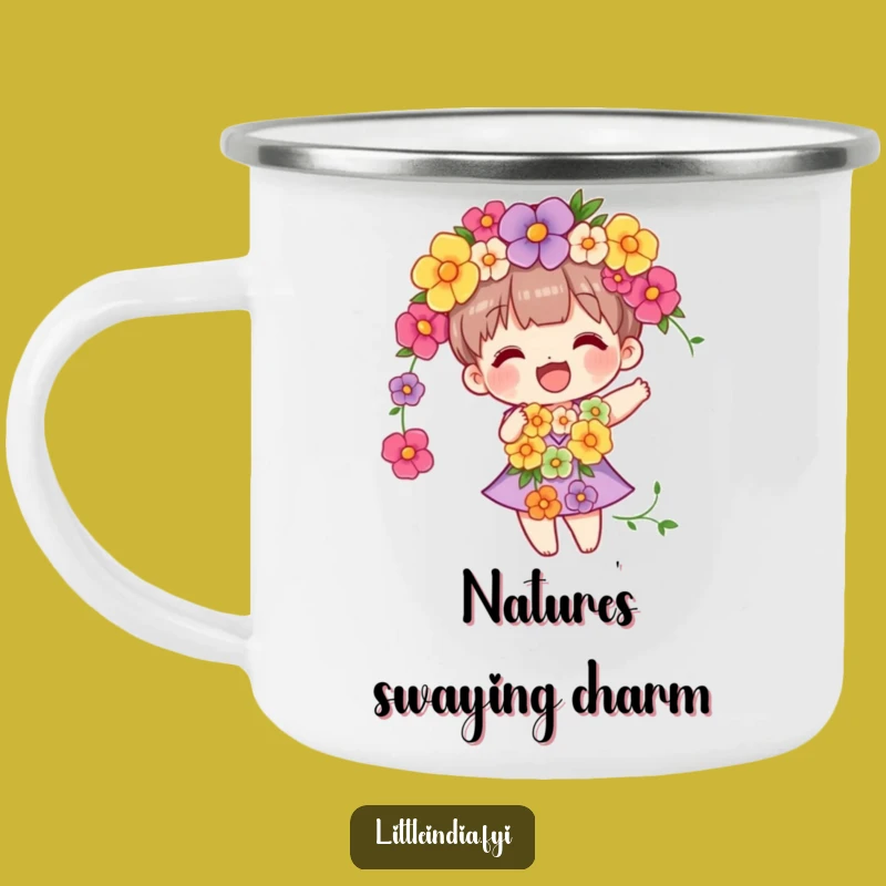 Funny Flower Garland Character Camping Mug - Sip Nature's Happiness Outdoors!