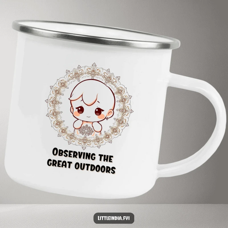 Funny camping mug showing a small character with a curious expression, observing intricate patterns in an outdoor setting.