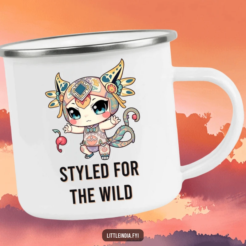 Funny camping mug showing a character in a dynamic pose, covered in intricate patterns, ready for adventure.