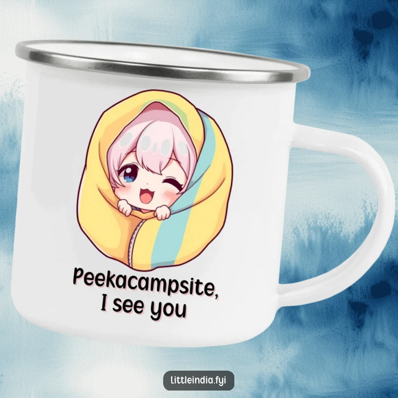 Funny Giggling Camping Mug: A character playfully peeking from behind a fabric, designed for outdoor adventures and smiles.