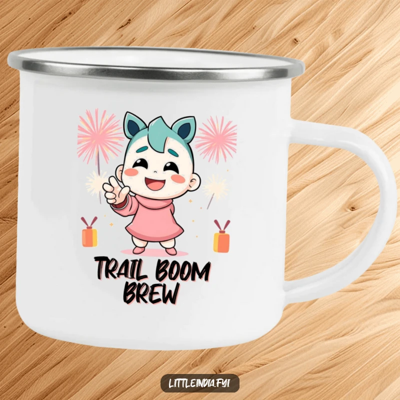 Funny Camping Mug: A smiling character strikes a dynamic pose with festive firecrackers bursting around, perfect for the outdoors.