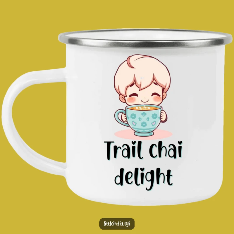Funny Chai Lover Camping Mug: Smiling Character's Outdoor Brew, Perfect Funny Gift