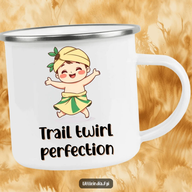 Funny camping mug showing a happy character in a sarong, performing a delightful twirl, perfect for travelers with zest.