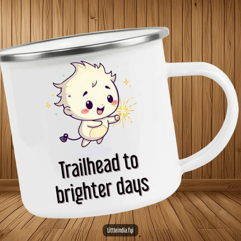 Funny camping mug with a mischievous sparkler character spreading a trail of joy during outdoor escapades.