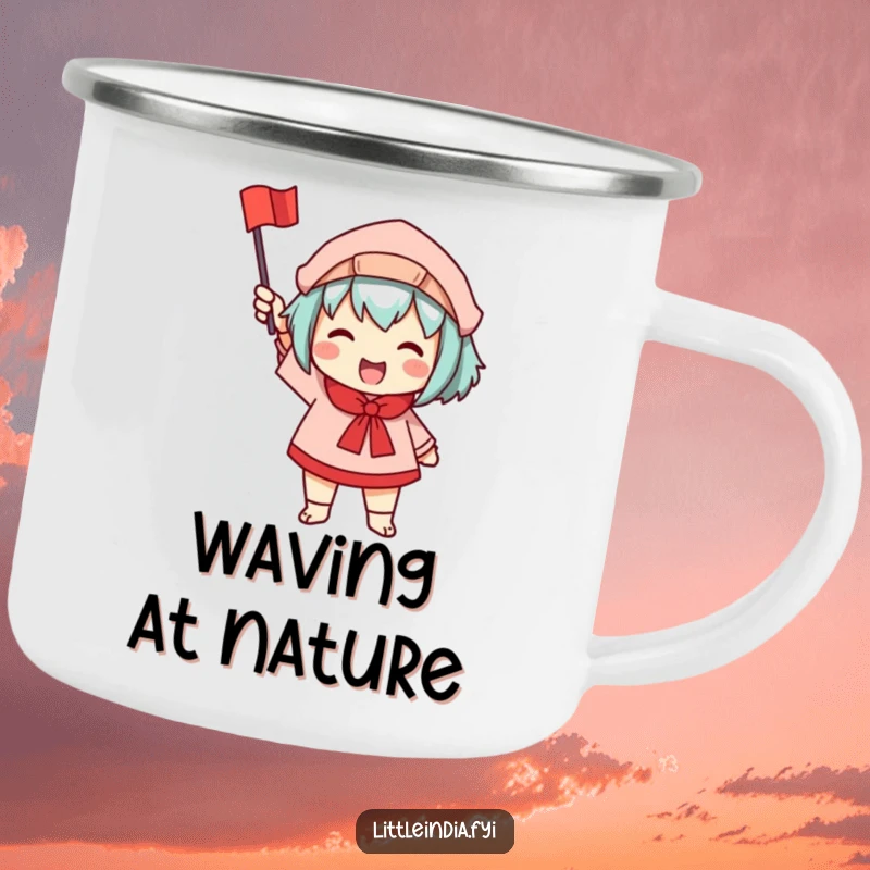 Funny camping mug showing a character enthusiastically waving a small, colorful flag during an outdoor escapade.