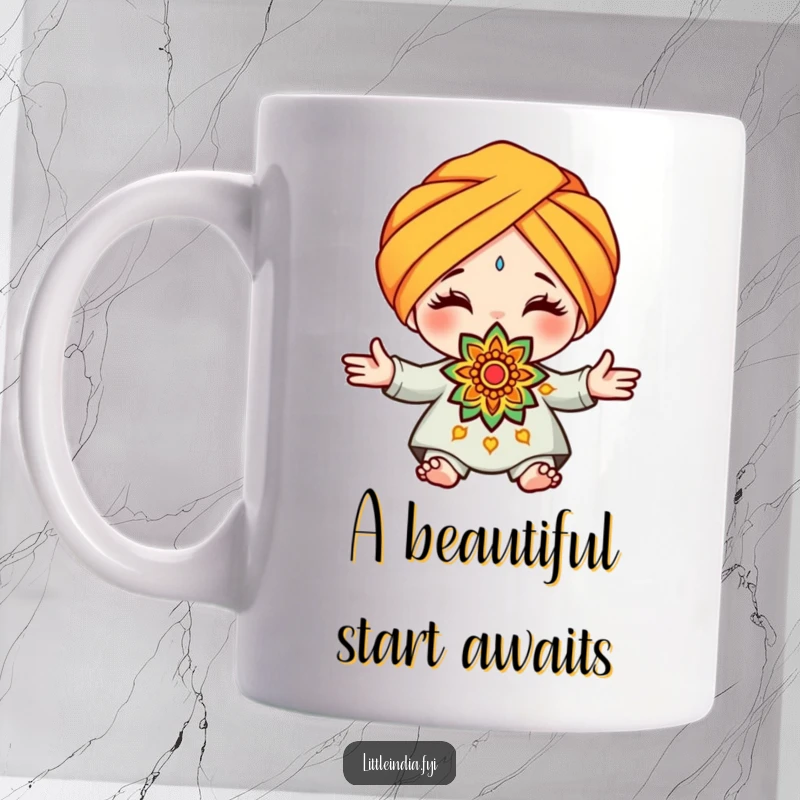 Funny turban rangoli mug featuring a cute character wearing a turban, presenting a beautifully decorative rangoli pattern with a sweet expression.