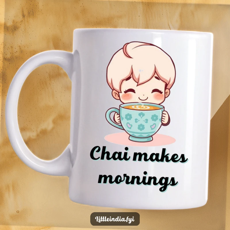 Funny Mug: Smiling character contentedly enjoying a steaming cup of chai, radiating warmth and peaceful enjoyment.