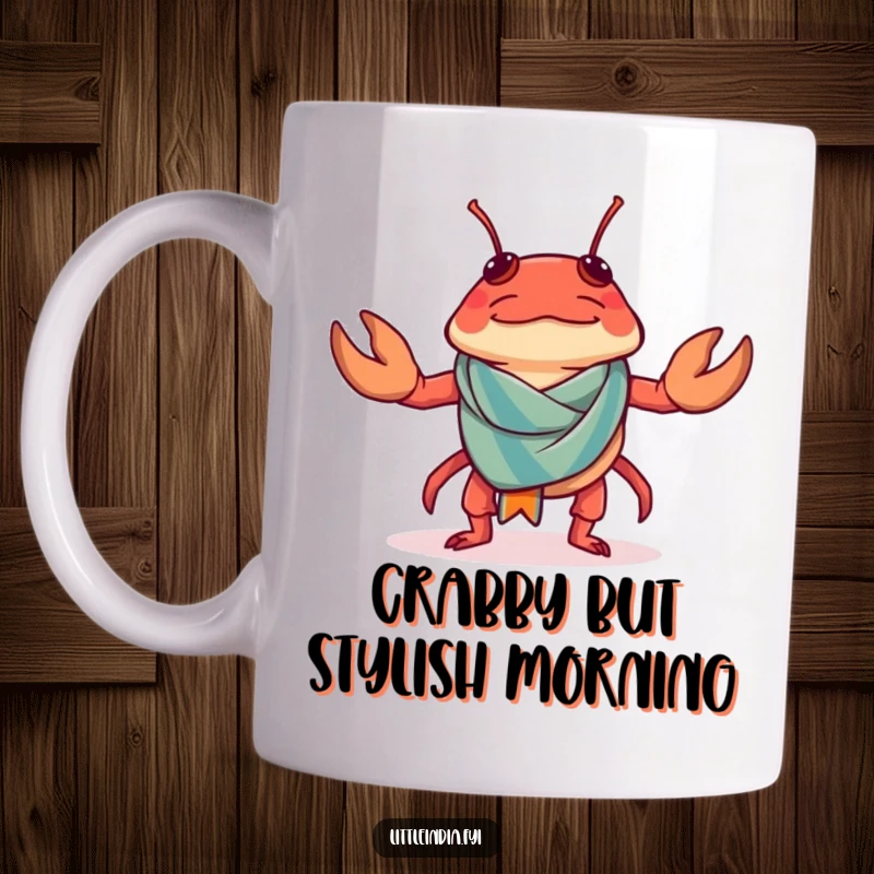 Funny Chilli Crab Mug looking utterly confused while trying to put on a tiny, ill-fitting sarong.