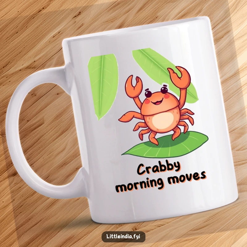 Funny, delighted crab performing a flamboyant dance on a banana leaf, shown on a vibrant coffee mug.