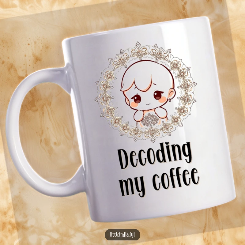 Funny mug of a small character with a curious expression, intently observing detailed and intricate patterns, lost in thought.