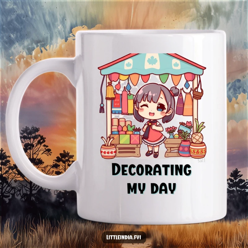 Funny mug showing a delighted character decorating a market stall with colorful textiles, radiating joy.