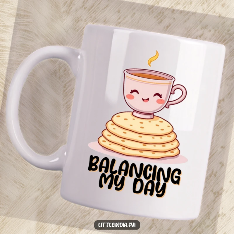 Funny mug featuring a cheerful chai cup daringly balancing on a tall stack of chapati.