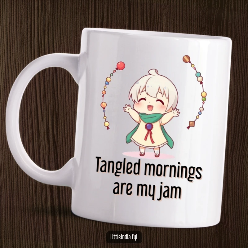 Funny mug of a character comically trying to juggle colorful strings of decorative beads, spilling them everywhere in a hilarious mess.