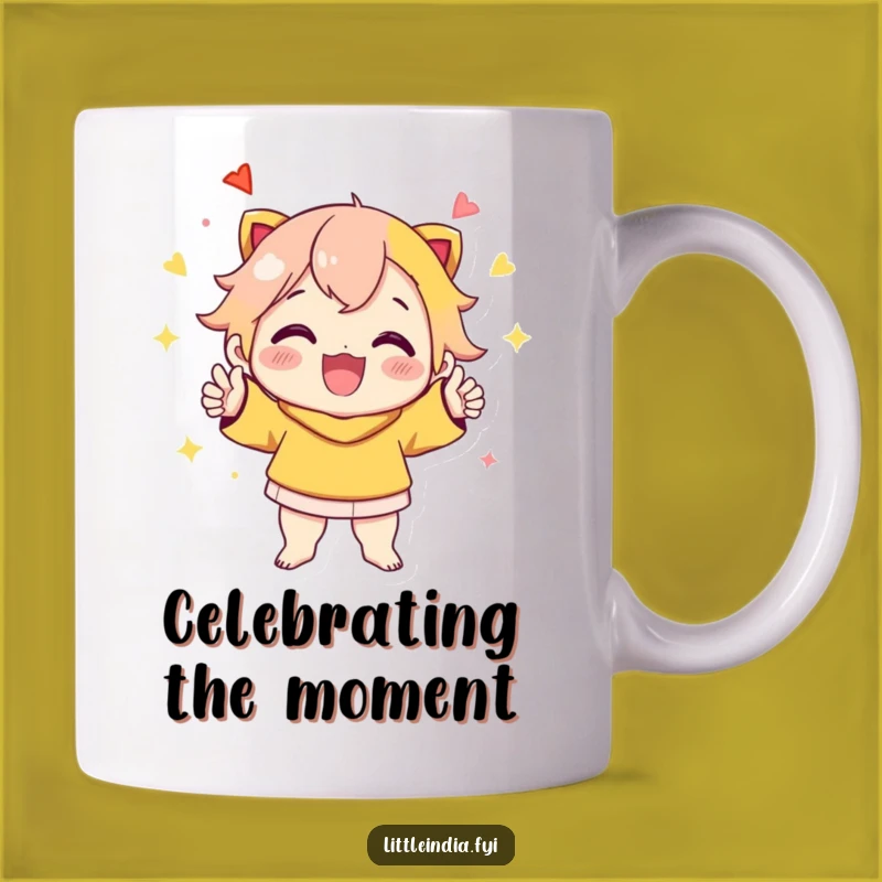 Funny Celebration Mug: Cheerful Character's Vibrant Pose, Perfect Funny Gift
