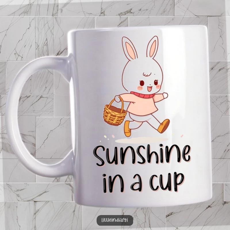 Funny Mug showing a cheerful character joyfully skipping with a small woven basket, embodying happiness and a sense of wonder.
