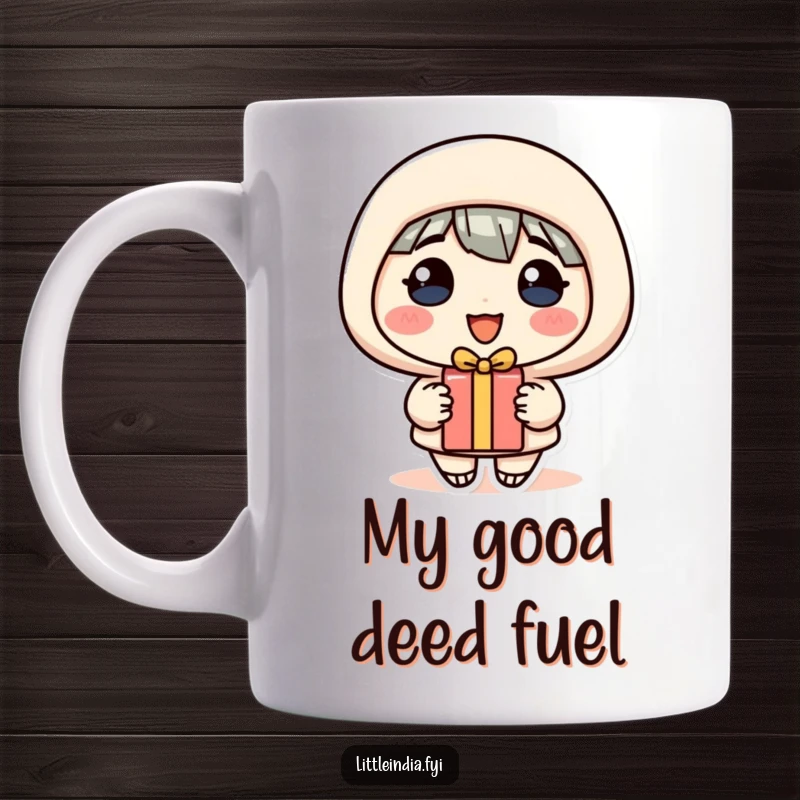 Funny Mug: Cheerful character with a big smile generously offers a small gift, radiating warmth and kindness.