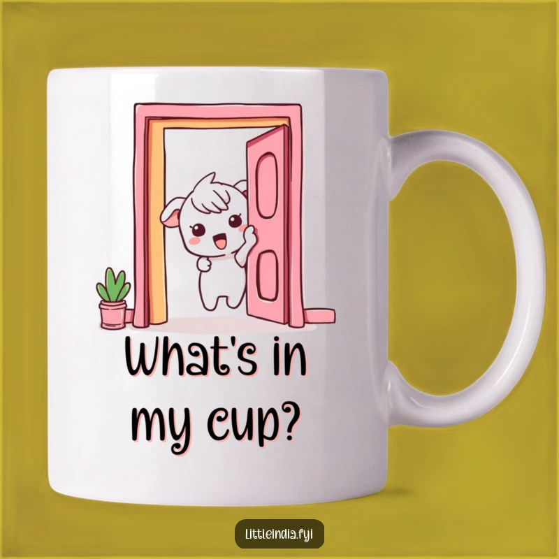 Funny Curious Peek Mug: Exciting Character's Vibrant Doorway Gift