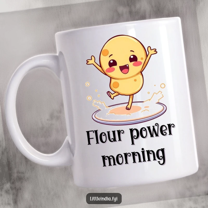 Funny mug featuring a playful roti dancing on a platter, kicking up a whimsical cloud of flour.