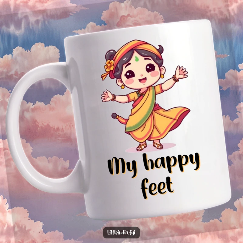 Funny mug showing a happy character in a bright sari, dancing energetically with a joyful expression.