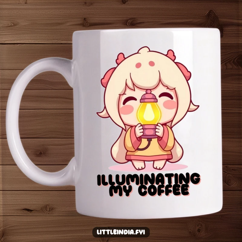 Funny Mug showing a delighted character joyfully holding up a small, brightly colored lamp, symbolizing enlightenment and happiness.