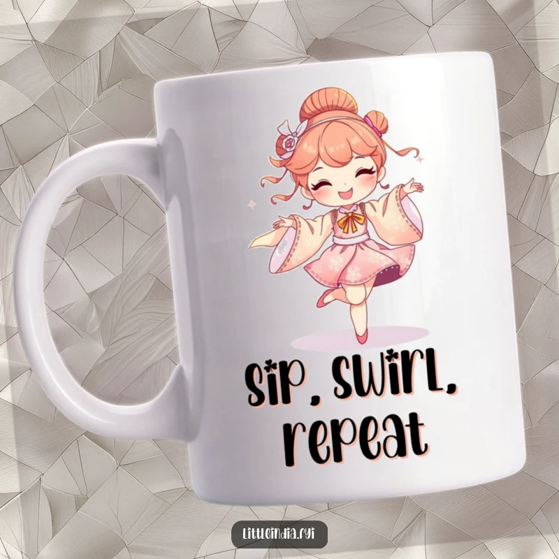 Funny mug showing a delighted character joyfully dancing with flowing, shimmering silk fabrics, expressing pure happiness.