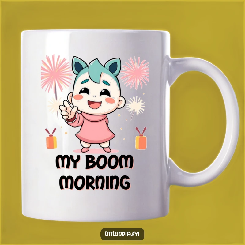 Funny Firecracker Pose Mug: Smiling Character's Dynamic Festive Gift