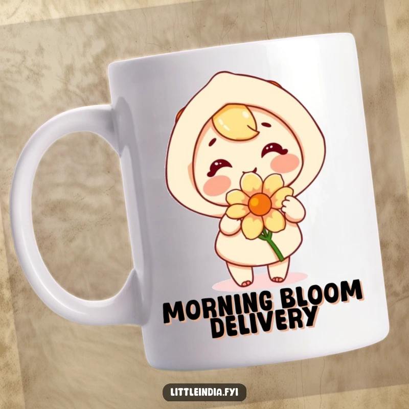 Funny mug showing a happy character with a big smile, joyfully offering a fragrant, beautiful flower to the viewer.