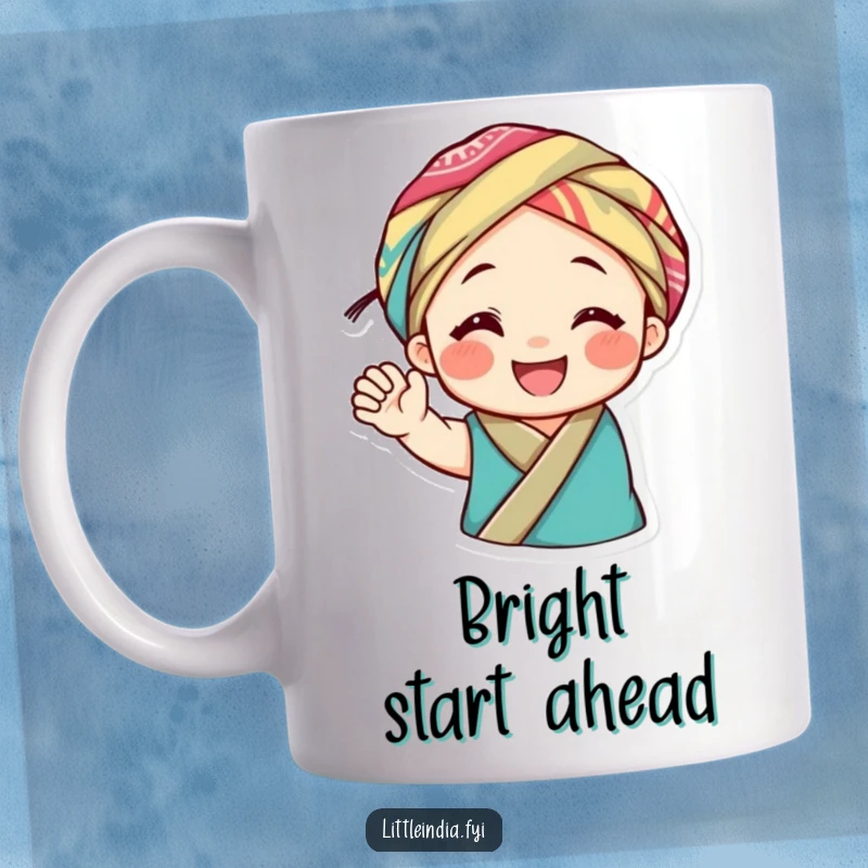 Funny mug featuring a smiling character wearing a vibrant, colorful fabric headwrap, waving joyfully with a cheerful expression.