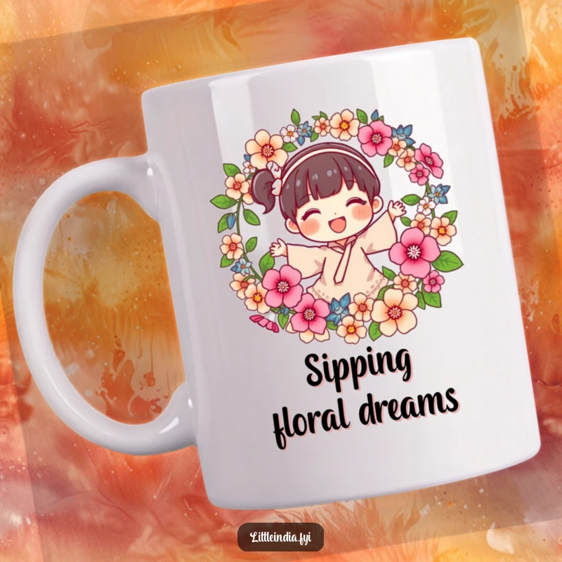 Funny Mug illustrating a joyful character creating a beautiful garland of fragrant flowers, symbolizing creation and happiness.