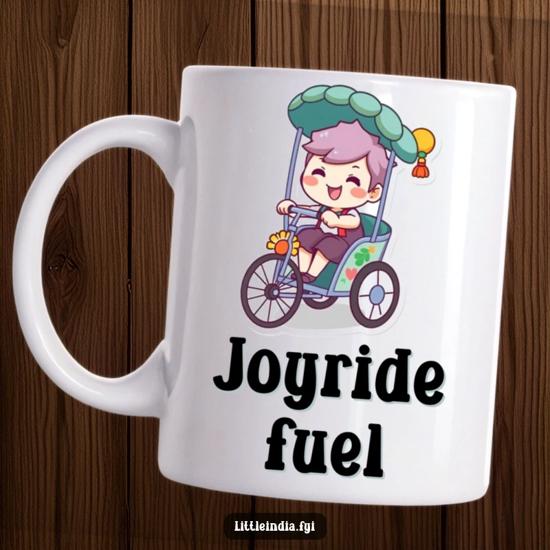 Funny mug depicting a character with a wide, playful grin, happily riding a colorful, decorated rickshaw.