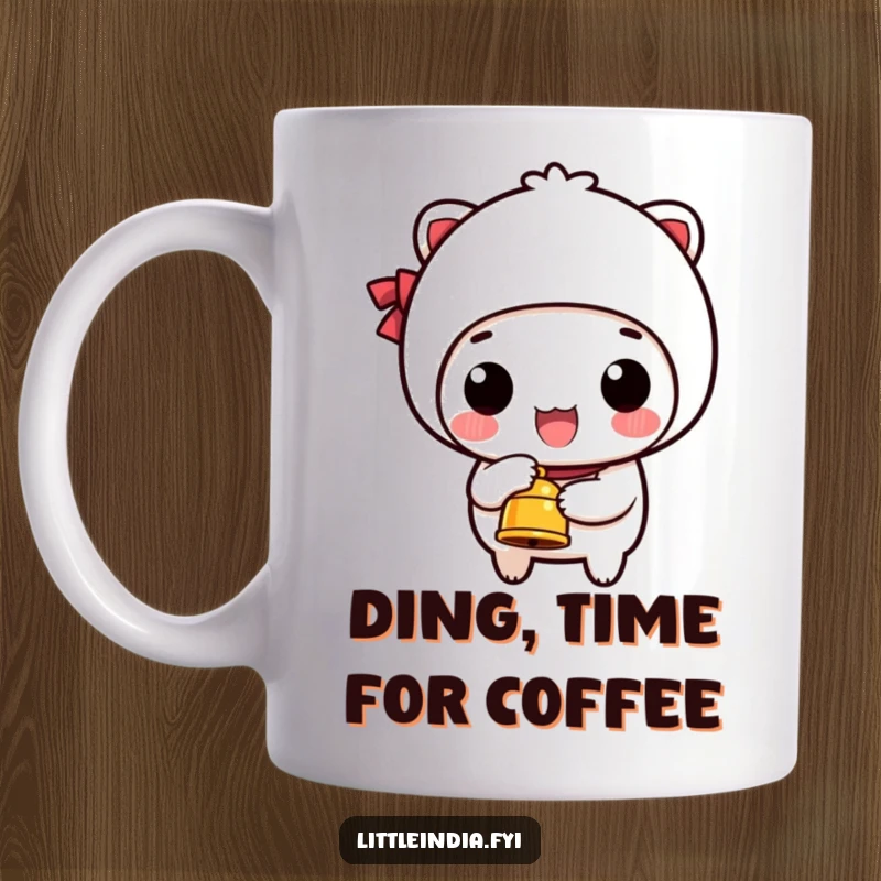 Funny mug featuring a happy character energetically ringing a small bell, signifying joy and delightful announcements.