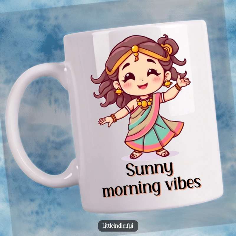Funny mug features a smiling character in a colorful sari, dancing joyfully with grace and happiness.