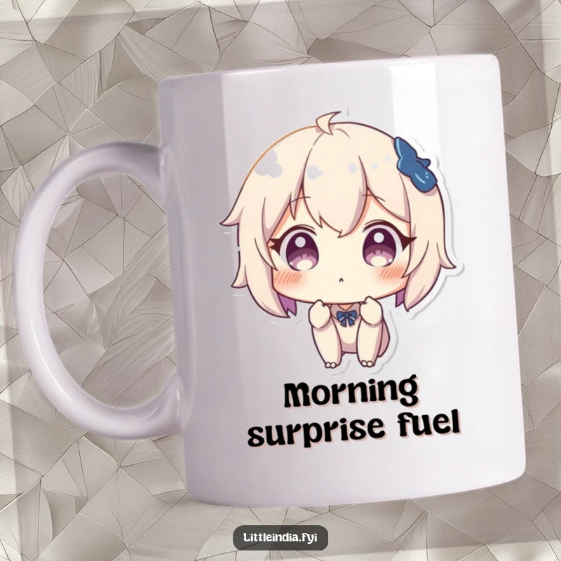Funny mug showing a character with wide eyes and an open mouth in a surprised expression, looking at something astonishing.