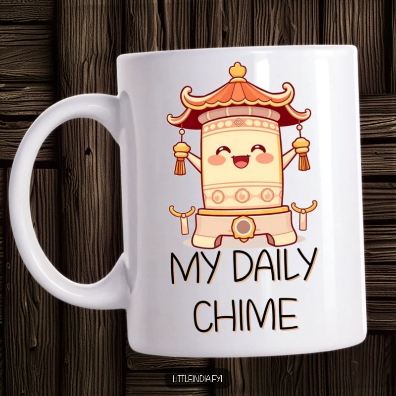 Funny mug featuring a happy temple bell character ringing with exuberant joy, emitting a cheerful sound and a feeling of pure, uplifting happiness.