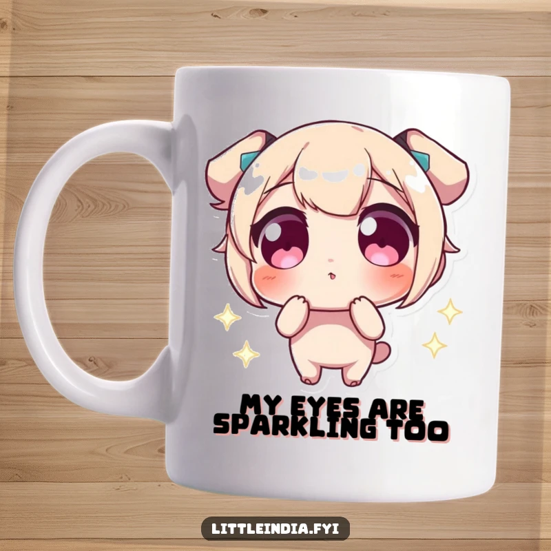 Funny Mug featuring a wide-eyed character in awe of dazzling, sparkling lights, capturing a moment of pure, humorous wonder.