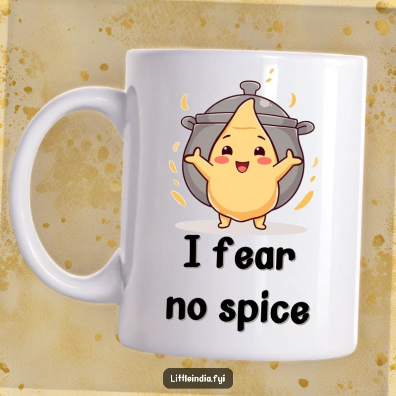 Funny mug featuring a brave little samosa with outstretched arms, fearlessly confronting a massive curry pot, ready for spice.